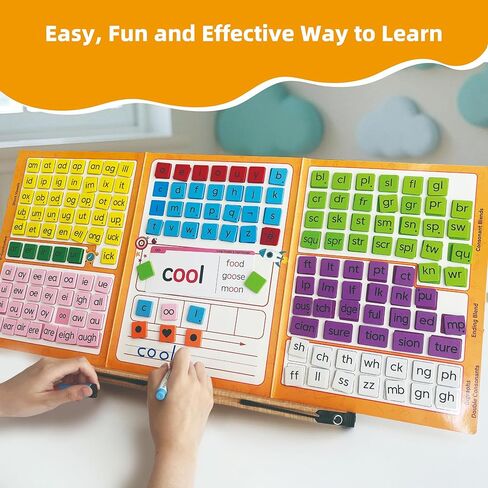 Phonics Word Building Magnetic Tiles Set, Phonics Manipulatives, Magnetic Letter Tiles, Educational Learning Kit with 239 Foam Tiles, 90 Cards, Magnetic Folder in Saudi Arabia