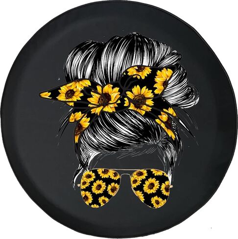 Rch RCH Sunflowers Messy Bun Girl JL Spare Tire Cover with Backup Camera Black Size 32 Inch Black Tire Cover 32 Inch w/JL Backup Camera Hole Cool Tire Covers 0 in Saudi Arabia