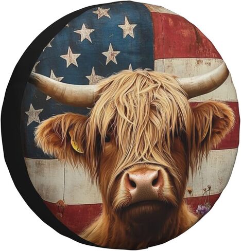 American Flag Highland Cow Print Spare Tire Cover Dust-Proof Wheel Tire Cover Fit Jeep,Trailer, Rv, SUV and Many Vehicle 17 Inch in Saudi Arabia