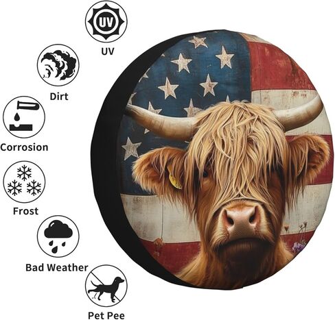 American Flag Highland Cow Print Spare Tire Cover Dust-Proof Wheel Tire Cover Fit Jeep,Trailer, Rv, SUV and Many Vehicle 17 Inch in Saudi Arabia
