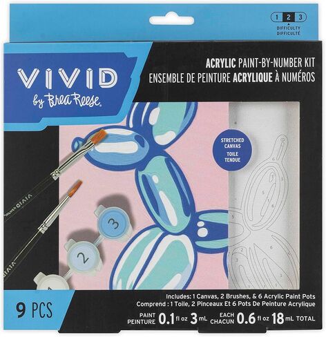 Vivid by Brea Reese: مجموعة طلاء أكريليك صغيرة حسب الأرقام - كلب بالون - قماش 6 × 6، 6 كبسولات طلاء، فرشتان، ألوان أزرق-أخضر-وردي، أعمال فنية يمكنك صنعها بنفسك in Kuwait