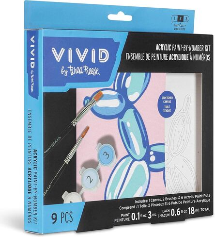 Vivid by Brea Reese: مجموعة طلاء أكريليك صغيرة حسب الأرقام - كلب بالون - قماش 6 × 6، 6 كبسولات طلاء، فرشتان، ألوان أزرق-أخضر-وردي، أعمال فنية يمكنك صنعها بنفسك in Kuwait