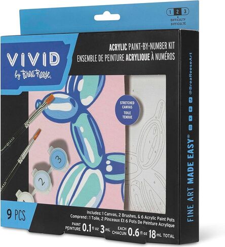 Vivid by Brea Reese: مجموعة طلاء أكريليك صغيرة حسب الأرقام - كلب بالون - قماش 6 × 6، 6 كبسولات طلاء، فرشتان، ألوان أزرق-أخضر-وردي، أعمال فنية يمكنك صنعها بنفسك in Kuwait