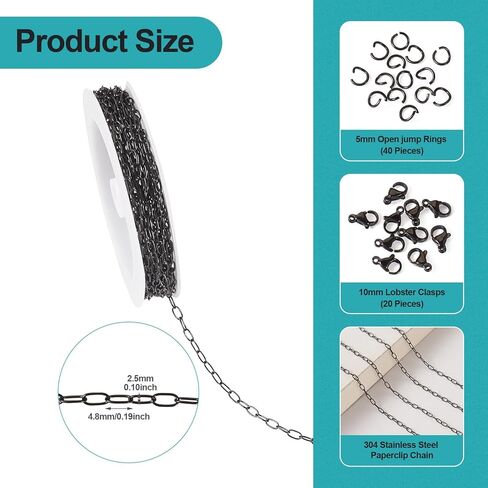 pandahall 16.4 قدم الأسود المقاوم للصدأ سلاسل مشبك الورق البيضاوي رابط سلاسل معدنية مع حلقات القفز جراد البحر المشابك DIY سوار قلادة صنع المجوهرات in Kuwait