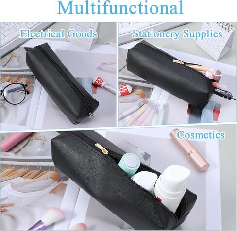 Pouches for Pencils Black Leather Pencil Case Pouch PU Leather Pen Pouch Portable Stationery Bag Cosmetic Organizer Bag For Adult Women Men in Saudi Arabia
