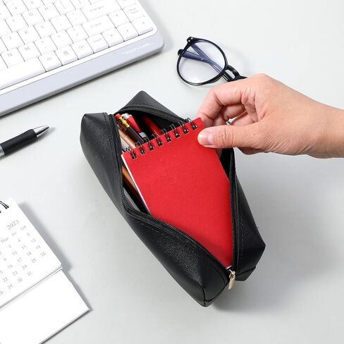 Pouches for Pencils Black Leather Pencil Case Pouch PU Leather Pen Pouch Portable Stationery Bag Cosmetic Organizer Bag For Adult Women Men in Saudi Arabia