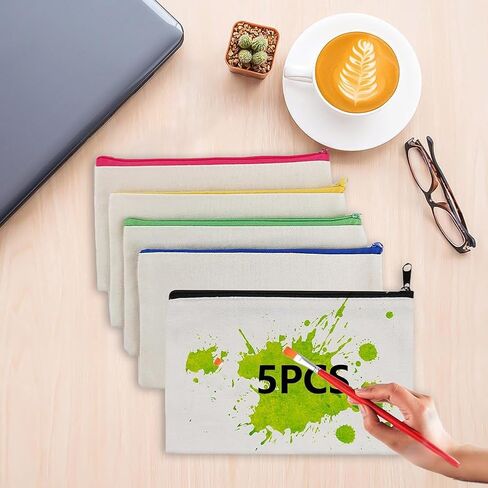 5 Pack Canvas Zipper Bags - Blank DIY Craft Pen and Pencil Case - Multipurpose Makeup Bag for Makeup, Invoice, Travel Toiletries in Saudi Arabia
