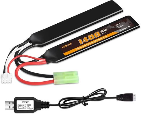 2S Airsoft Battery 7.4V 1400mAh Lipo Battery 30C(Burst 60C) Butterfly Battery Pack with Mini Tamiya Plug Fit for Most Airsoft Model Guns Gel Water Bead Blaster with 7.4V USB Charge Cable in Saudi Arabia