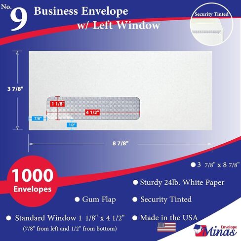 Minas Envelope No. 9 Business Envelope, Left Window, 3 7/8 x 8 7/8, Tinted, Gum Flap, 24lb. White (500 Envelopes.) in Saudi Arabia