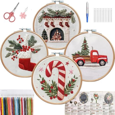 CanVrinxol 4 Sets Christmas Embroidery Kits for Adults Beginners, Cross Stitch Kits with Patterns, Hoops, Threads, Needles & Tools, DIY Craft Gift Ideas (Christmas Collection 2) in Saudi Arabia