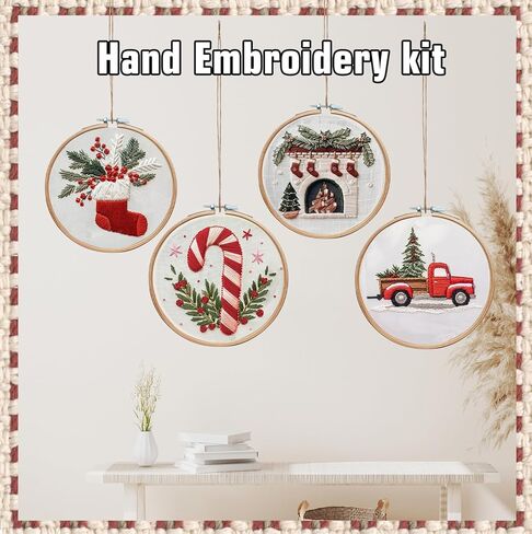 CanVrinxol 4 Sets Christmas Embroidery Kits for Adults Beginners, Cross Stitch Kits with Patterns, Hoops, Threads, Needles & Tools, DIY Craft Gift Ideas (Christmas Collection 2) in Saudi Arabia