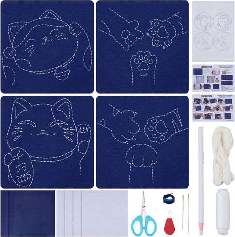 FREEBLOSS 4 Set Lucky Cat Sashiko Coasters Kit with Instructions Sashiko Kit for Beginners Water Soluble Embroidery Patterns Sashiko Practice Project Embroidery Coasters Kit for Housewarming Gift in Saudi Arabia