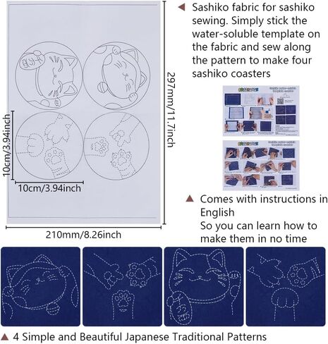 FREEBLOSS 4 Set Lucky Cat Sashiko Coasters Kit with Instructions Sashiko Kit for Beginners Water Soluble Embroidery Patterns Sashiko Practice Project Embroidery Coasters Kit for Housewarming Gift in Saudi Arabia