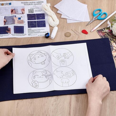 FREEBLOSS 4 Set Lucky Cat Sashiko Coasters Kit with Instructions Sashiko Kit for Beginners Water Soluble Embroidery Patterns Sashiko Practice Project Embroidery Coasters Kit for Housewarming Gift in Saudi Arabia