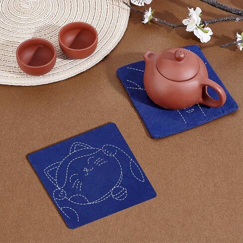 FREEBLOSS 4 Set Lucky Cat Sashiko Coasters Kit with Instructions Sashiko Kit for Beginners Water Soluble Embroidery Patterns Sashiko Practice Project Embroidery Coasters Kit for Housewarming Gift in Saudi Arabia