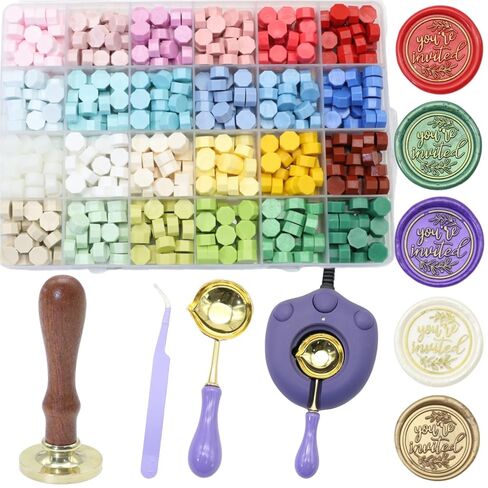 Wax Seal Stamp Set, Electric Wax Sealing Warmer, 24 Colors Waxs Sealing Beads 600pcs, Crow Waxing Stamp, Sealingwax Spoon, Gold Waxseal Pen, Tweezer (K1) in Saudi Arabia