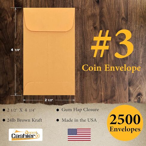 500 Cashier Depot #3 Coin Envelopes, 2 1/2" X 4 1/4", Premium 24lb Paper, 500/Box (Kraft) in Saudi Arabia