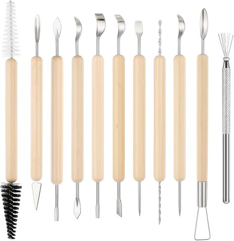 11Pcs Polymer Clay Tools Ceramic Modeling Sculpting Tool Pottery Carving Tools Set for Molding Cutting Trimming Shaping, Double-Sided, Wooden Handles in Saudi Arabia