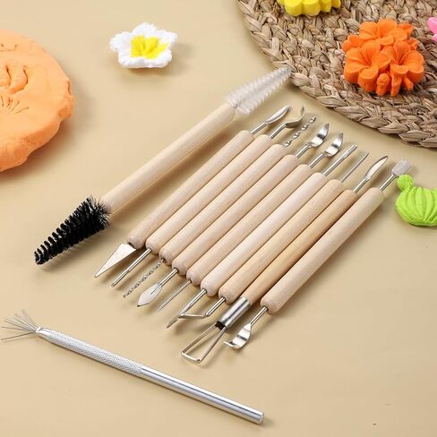 11Pcs Polymer Clay Tools Ceramic Modeling Sculpting Tool Pottery Carving Tools Set for Molding Cutting Trimming Shaping, Double-Sided, Wooden Handles in Saudi Arabia