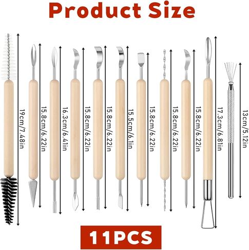 11Pcs Polymer Clay Tools Ceramic Modeling Sculpting Tool Pottery Carving Tools Set for Molding Cutting Trimming Shaping, Double-Sided, Wooden Handles in Saudi Arabia