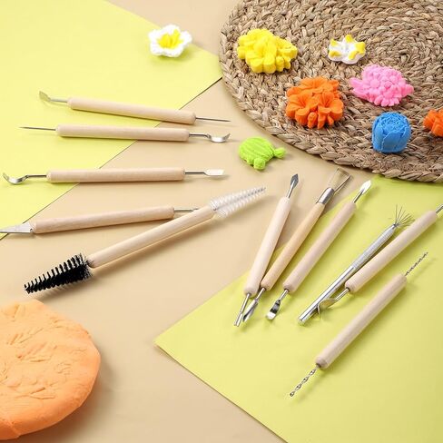 11Pcs Polymer Clay Tools Ceramic Modeling Sculpting Tool Pottery Carving Tools Set for Molding Cutting Trimming Shaping, Double-Sided, Wooden Handles in Saudi Arabia