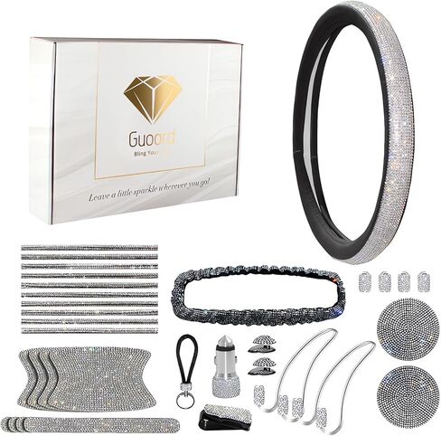 33-Piece Bling Car Accessories Set for Women - Rhinestone Steering Wheel Cover, Diamond Door Stickers, Auto Hooks, Vent Outlet Trim, Tire Valve Stem Caps, and Cup Holders (White) in Saudi Arabia