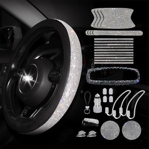 33-Piece Bling Car Accessories Set for Women - Rhinestone Steering Wheel Cover, Diamond Door Stickers, Auto Hooks, Vent Outlet Trim, Tire Valve Stem Caps, and Cup Holders (White) in Saudi Arabia