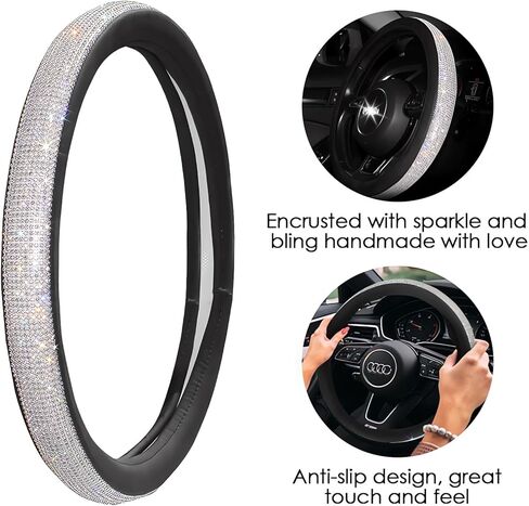 33-Piece Bling Car Accessories Set for Women - Rhinestone Steering Wheel Cover, Diamond Door Stickers, Auto Hooks, Vent Outlet Trim, Tire Valve Stem Caps, and Cup Holders (White) in Saudi Arabia