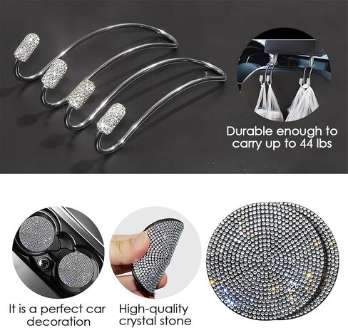 33-Piece Bling Car Accessories Set for Women - Rhinestone Steering Wheel Cover, Diamond Door Stickers, Auto Hooks, Vent Outlet Trim, Tire Valve Stem Caps, and Cup Holders (White) in Saudi Arabia