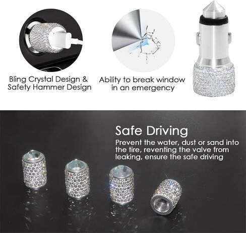 33-Piece Bling Car Accessories Set for Women - Rhinestone Steering Wheel Cover, Diamond Door Stickers, Auto Hooks, Vent Outlet Trim, Tire Valve Stem Caps, and Cup Holders (White) in Saudi Arabia