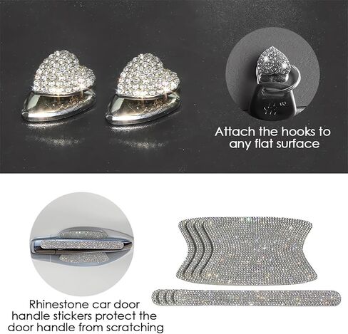 33-Piece Bling Car Accessories Set for Women - Rhinestone Steering Wheel Cover, Diamond Door Stickers, Auto Hooks, Vent Outlet Trim, Tire Valve Stem Caps, and Cup Holders (White) in Saudi Arabia