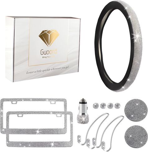 33-Piece Bling Car Accessories Set for Women - Rhinestone Steering Wheel Cover, Diamond Door Stickers, Auto Hooks, Vent Outlet Trim, Tire Valve Stem Caps, and Cup Holders (White) in Saudi Arabia