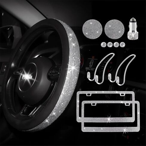 33-Piece Bling Car Accessories Set for Women - Rhinestone Steering Wheel Cover, Diamond Door Stickers, Auto Hooks, Vent Outlet Trim, Tire Valve Stem Caps, and Cup Holders (White) in Saudi Arabia