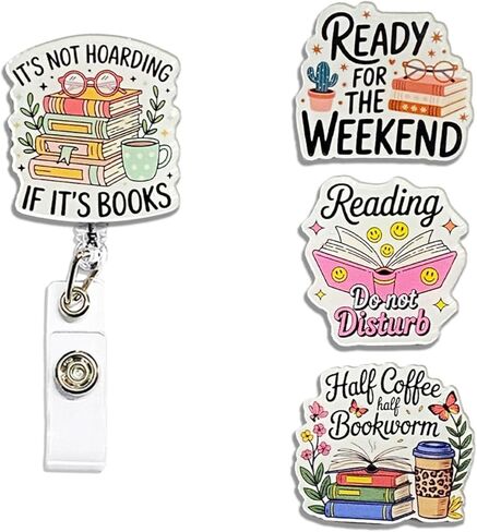 (4 قطع) إنها ليست اكتناز إذا كانت كتب شارة بكرات قابلة للسحب، مشبك معرف بكرة حامل شارة الاسم، هدايا تزيينية للأطفال لعشاق الكتب والممرضات والعاملين في المكاتب والمعلمين والطلاب in Kuwait
