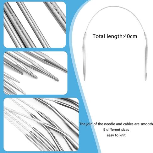 مجموعة إبر الحياكة الدائرية، 9 عبوات من مجموعة إبر الحياكة المصنوعة من الفولاذ المقاوم للصدأ (16 بوصة/40 سم)، 9 مقاسات من 2 مم إلى 6 مم، مع أدوات صغيرة، معدن دائري قصير، للمبتدئين، صناعة الجوارب، محبي النسيج in Kuwait