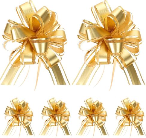 6 Pcs Large Pull Bows for Gift Wrapping, 6 in Gold Gift Wrap Bows for Christmas, Gifts Ribbon Bow Decorations for Baskets, Wedding, Birthday, Party, Present, Flower, Boxes in Saudi Arabia