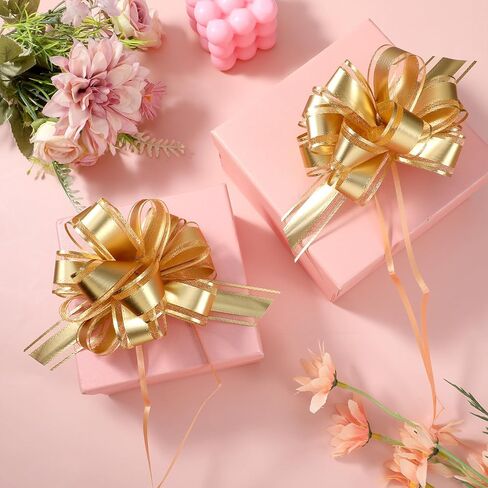 6 Pcs Large Pull Bows for Gift Wrapping, 6 in Gold Gift Wrap Bows for Christmas, Gifts Ribbon Bow Decorations for Baskets, Wedding, Birthday, Party, Present, Flower, Boxes in Saudi Arabia