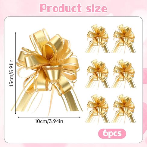 6 Pcs Large Pull Bows for Gift Wrapping, 6 in Gold Gift Wrap Bows for Christmas, Gifts Ribbon Bow Decorations for Baskets, Wedding, Birthday, Party, Present, Flower, Boxes in Saudi Arabia
