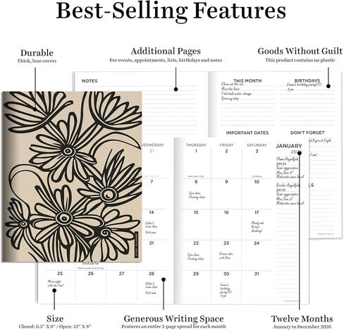 TF Publishing 2026 Drawn Daisies Medium Monthly Planner - 2 Page Spreads with Extra Large Calendar Grids and Planning Prompts - 12 Month Planner for School and Work - 6.5in x 8in in Saudi Arabia