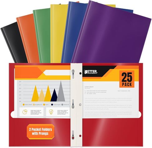 مجلدان من الورق المصقول للجيب مع شوكات، ألوان متنوعة، حجم الحروف، حافظات ورقية مع 3 مثبتات معدنية، من شركة Better Office Products، صندوق مكون من 25 لونًا متنوعًا (مع شوكات) in Kuwait