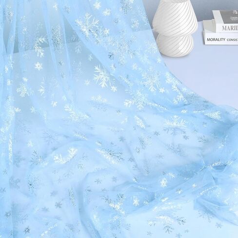 Horbaunal Snowflake Sheer Fabric 3 Yard, Light Blue Silver Foil Tulle Fabric by The Yard, 59" Wide Snowflake Fabric Organza Fabric Tablecloth for Frozen Birthday Wedding Party in Saudi Arabia
