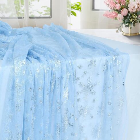 Horbaunal Snowflake Sheer Fabric 3 Yard, Light Blue Silver Foil Tulle Fabric by The Yard, 59" Wide Snowflake Fabric Organza Fabric Tablecloth for Frozen Birthday Wedding Party in Saudi Arabia
