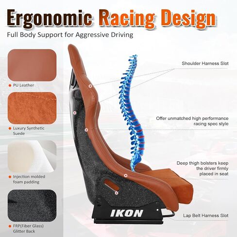 IKON MOTORSPORTS زوج من مقاعد السباق المريحة العالمية، قماش مخملي أسود ممتاز وظهر من الألياف الزجاجية اللامعة باللون الأسود، وسادة مريحة قابلة للإزالة، 3 ارتفاعات قابلة للتعديل، منزلقات مزدوجة in Saudi Arabia