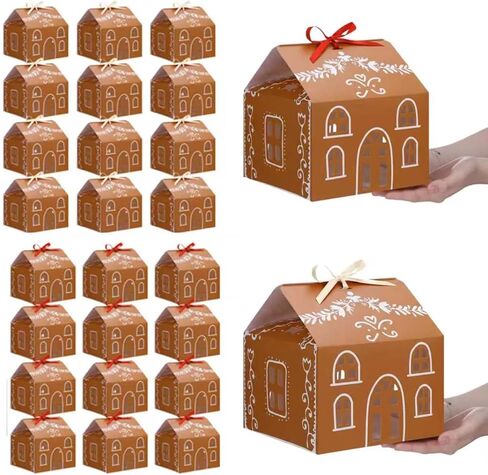 Gueevin 24 Pcs Large Christmas Gingerbread House Gift Boxes Xmas Cookie Packaging with 12 White & 12 Red Ribbons for Festive Holiday Treats & Party Favors(8.3 x 8.3 x 8.5 in) in Saudi Arabia