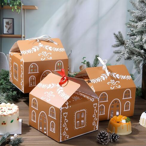 Gueevin 24 Pcs Large Christmas Gingerbread House Gift Boxes Xmas Cookie Packaging with 12 White & 12 Red Ribbons for Festive Holiday Treats & Party Favors(8.3 x 8.3 x 8.5 in) in Saudi Arabia