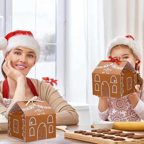 Gueevin 24 Pcs Large Christmas Gingerbread House Gift Boxes Xmas Cookie Packaging with 12 White & 12 Red Ribbons for Festive Holiday Treats & Party Favors(8.3 x 8.3 x 8.5 in) in Saudi Arabia