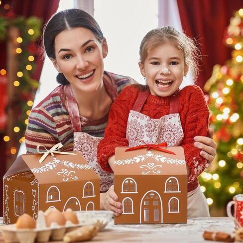 Gueevin 24 Pcs Large Christmas Gingerbread House Gift Boxes Xmas Cookie Packaging with 12 White & 12 Red Ribbons for Festive Holiday Treats & Party Favors(8.3 x 8.3 x 8.5 in) in Saudi Arabia