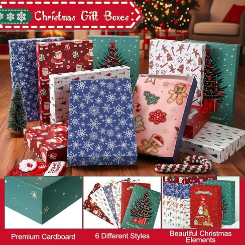 Fiwochic 48 Pcs Christmas Gift Boxes with Lids Christmas Shirt Box Holiday Gift Wrap Boxes for Presents in 6 Designs for Shirt, Socks, Shawl, Jumper, T-shirt & Tie in Kuwait