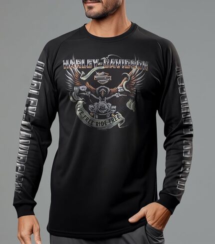 Harley-Davidson Military - تي شيرت رجالي أسود بأكمام طويلة برسومات النسر - قاعدة كادينا الجوية | ركوب النسر in Kuwait