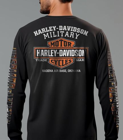 Harley-Davidson Military - تي شيرت رجالي أسود بأكمام طويلة برسومات النسر - قاعدة كادينا الجوية | ركوب النسر in Kuwait